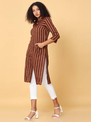 Hassu's women brown 3/4th sleeves cotton geometric regular calf length mandarin collar kurta 2