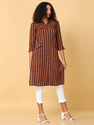 Hassu's women brown 3/4th sleeves cotton geometric regular calf length mandarin collar kurta 3