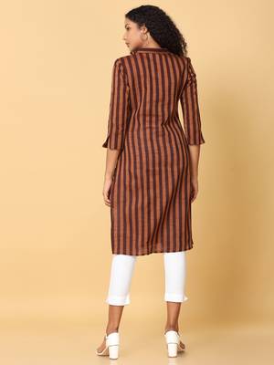 Hassu's women brown 3/4th sleeves cotton geometric regular calf length mandarin collar kurta 4