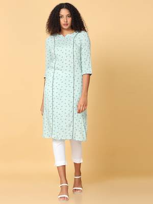 Hassu's women green 3/4th sleeves rayon floral print regular calf length henley neck kurta 1