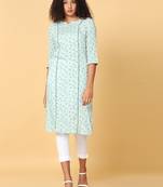 Hassu's women green 3/4th sleeves rayon floral print regular calf length henley neck kurta