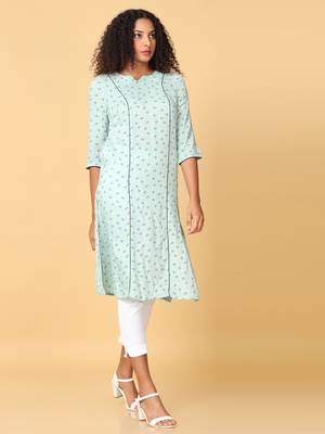 Hassu's women green 3/4th sleeves rayon floral print regular calf length henley neck kurta 3