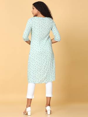 Hassu's women green 3/4th sleeves rayon floral print regular calf length henley neck kurta 4