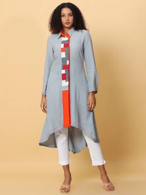 Hassu's women ash full sleeves georgette solid asymmetric kurthi calf length cutaway collar kurta 1