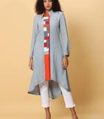 Hassu's women ash full sleeves georgette solid asymmetric kurthi calf length cutaway collar kurta