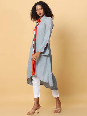 Hassu's women ash full sleeves georgette solid asymmetric kurthi calf length cutaway collar kurta 2