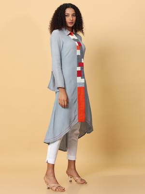 Hassu's women ash full sleeves georgette solid asymmetric kurthi calf length cutaway collar kurta 3