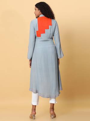 Hassu's women ash full sleeves georgette solid asymmetric kurthi calf length cutaway collar kurta 4