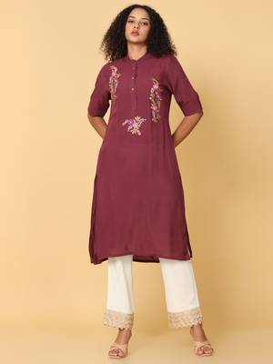 Hassu's women brown elbow sleeves rayon floral embroidery regular calf length mandarin collar kurta 1