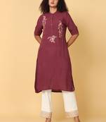 Hassu's women brown elbow sleeves rayon floral embroidery regular calf length mandarin collar kurta