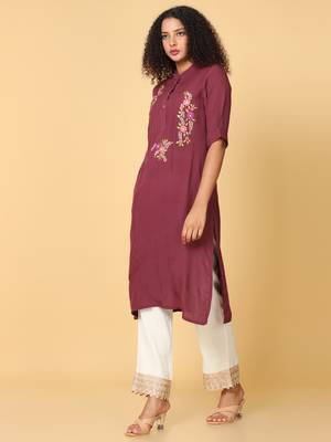 Hassu's women brown elbow sleeves rayon floral embroidery regular calf length mandarin collar kurta 2