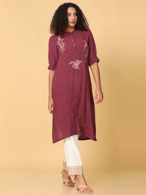 Hassu's women brown elbow sleeves rayon floral embroidery regular calf length mandarin collar kurta 3