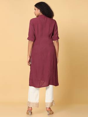 Hassu's women brown elbow sleeves rayon floral embroidery regular calf length mandarin collar kurta 4