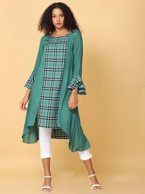 Hassu's women green frill  sleeves rayon check pattern asymmetric kurthi calf length jewel neck kurta 1