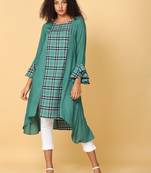 Hassu's women green frill  sleeves rayon check pattern asymmetric kurthi calf length jewel neck kurta
