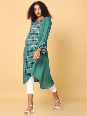 Hassu's women green frill  sleeves rayon check pattern asymmetric kurthi calf length jewel neck kurta 2