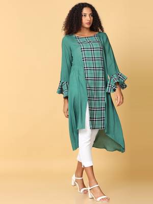 Hassu's women green frill  sleeves rayon check pattern asymmetric kurthi calf length jewel neck kurta 3