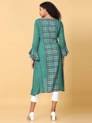 Hassu's women green frill  sleeves rayon check pattern asymmetric kurthi calf length jewel neck kurta 4