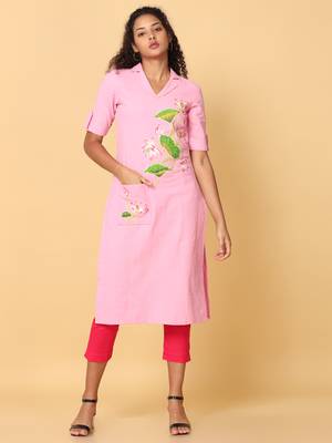 Hassu's women pink elbow sleeves cotton floral print regular calf length notched shirt collar kurta 1