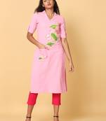 Hassu's women pink elbow sleeves cotton floral print regular calf length notched shirt collar kurta