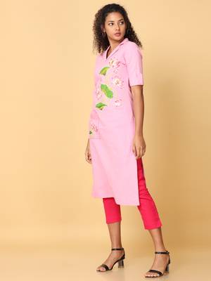 Hassu's women pink elbow sleeves cotton floral print regular calf length notched shirt collar kurta 2