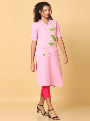 Hassu's women pink elbow sleeves cotton floral print regular calf length notched shirt collar kurta 3
