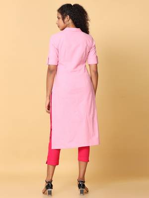 Hassu's women pink elbow sleeves cotton floral print regular calf length notched shirt collar kurta 4