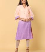 Hassu's women peach 3/4th sleeves cotton ombre dobby stripe regular calf length mandarin collar kurta