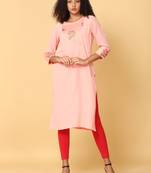 Hassu's women peach 3/4th sleeves rayon floral embroidery regular calf length boat neck kurta