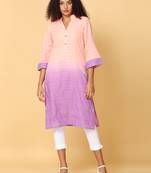 Hassu's women peach 3/4th sleeves cotton ombre dobby stripe regular calf length mandarin collar kurta