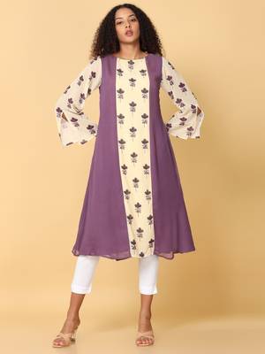 Hassu's women purple 3/4th sleeves georgette floral embellished aline calf length boat neck kurta 1