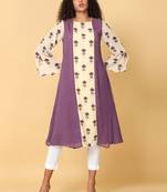 Hassu's women purple 3/4th sleeves georgette floral embellished aline calf length boat neck kurta