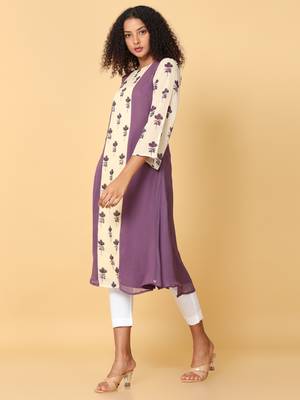 Hassu's women purple 3/4th sleeves georgette floral embellished aline calf length boat neck kurta 2