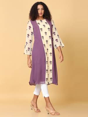 Hassu's women purple 3/4th sleeves georgette floral embellished aline calf length boat neck kurta 3