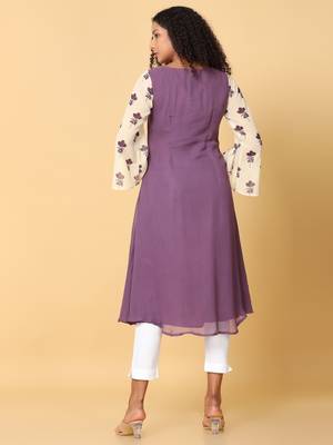 Hassu's women purple 3/4th sleeves georgette floral embellished aline calf length boat neck kurta 4