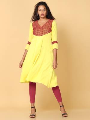 Hassu's women yellow 3/4th sleeves cotton solid a-line calf length v neck kurta 1