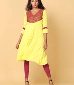 Hassu's women yellow 3/4th sleeves cotton solid a-line calf length v neck kurta