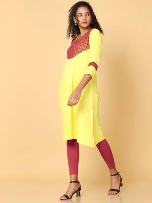 Hassu's women yellow 3/4th sleeves cotton solid a-line calf length v neck kurta 2