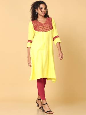 Hassu's women yellow 3/4th sleeves cotton solid a-line calf length v neck kurta 3