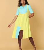 Hassu's women yellow elbow sleeves cotton solid,patch work a-line knee length crew neck kurta