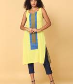 Hassu's women yellow sleeveless cotton striped regular knee length sweetheart neckline kurta