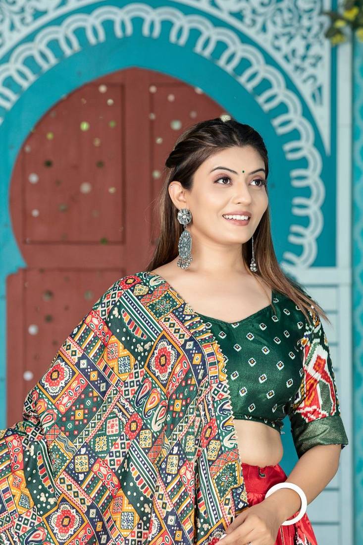 Redblack Color Patola Print Dola Silk Paithni Lehengacholi With Unstitched Blouse