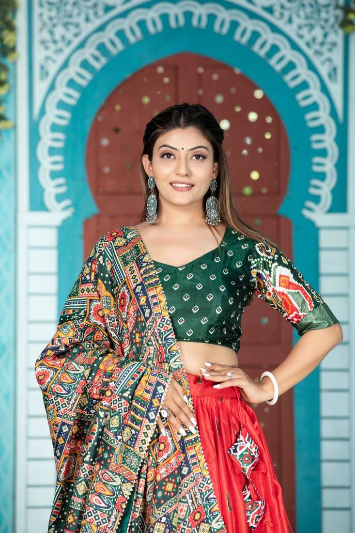 Redgreen Color Patola Print Dola Silk Paithni Lehengacholi With Unstitched Blouse