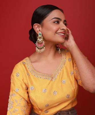 Pink and green kundan earrings 1