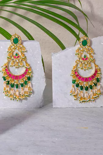 Pink and green kundan earrings