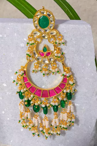 Pink and green kundan earrings