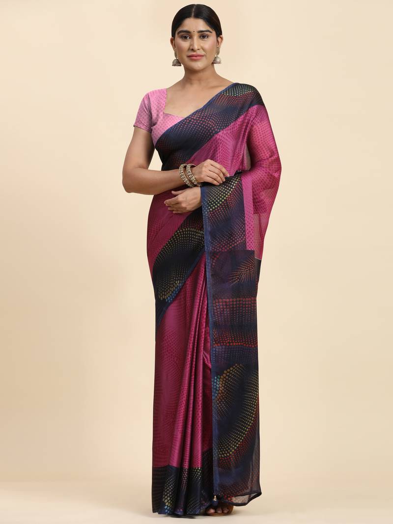 Pink Bobby Print Chiffon Saree With Blouse