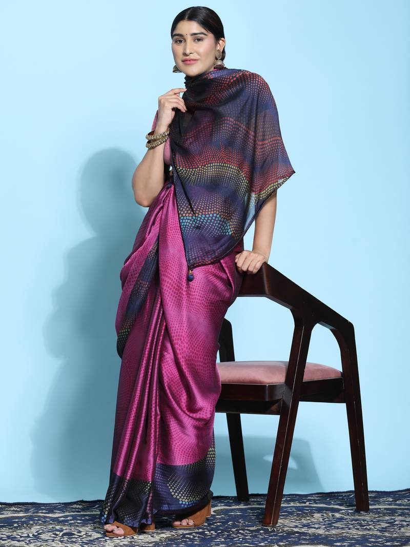 Pink Bobby Print Chiffon Saree With Blouse