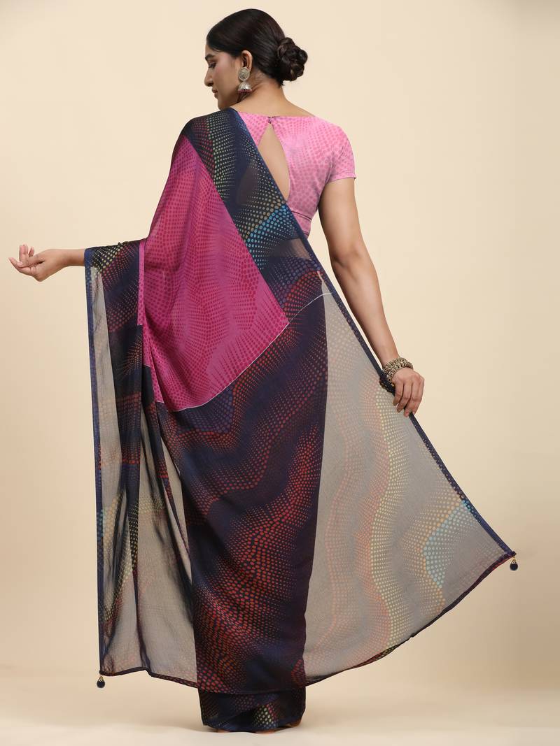 Pink Bobby Print Chiffon Saree With Blouse