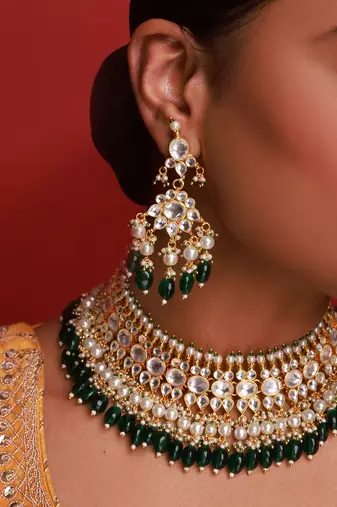 Gold & green kundan necklace set